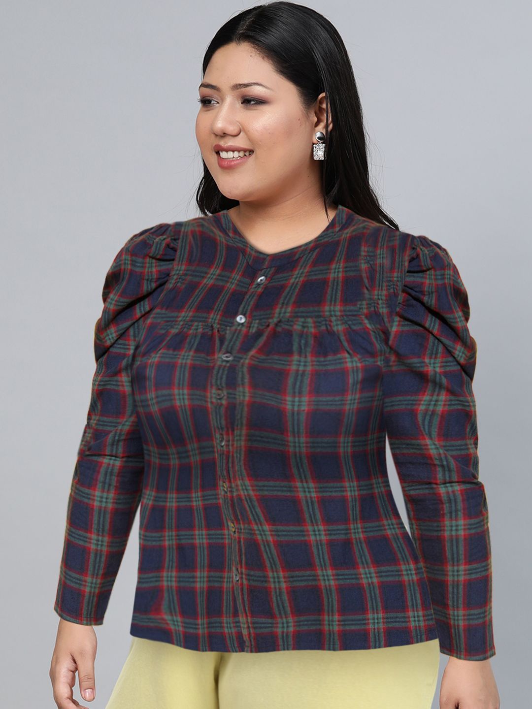 Tokyo Talkies Navy Blue Checked Mandarin Collar Pure Cotton Shirt Style Top