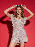 SASSAFRAS White Floral Print Playsuit With Ruffles