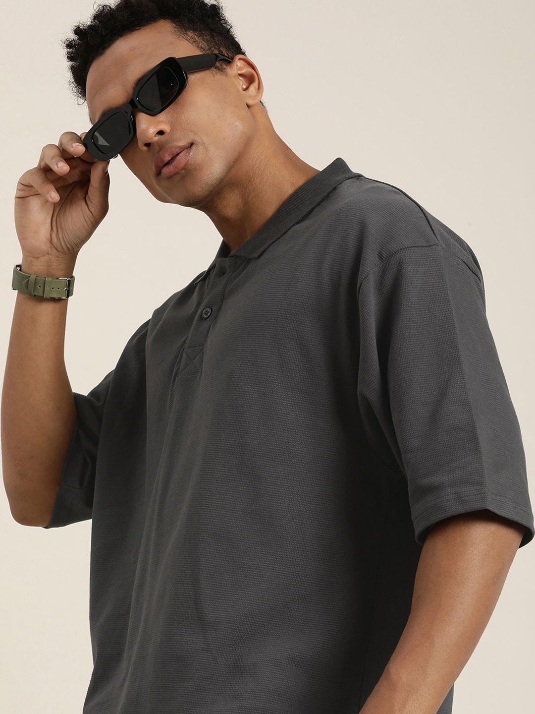 DILLINGER Men Solid Honeycomb Structure Oversized Cotton Polo T-Shirt