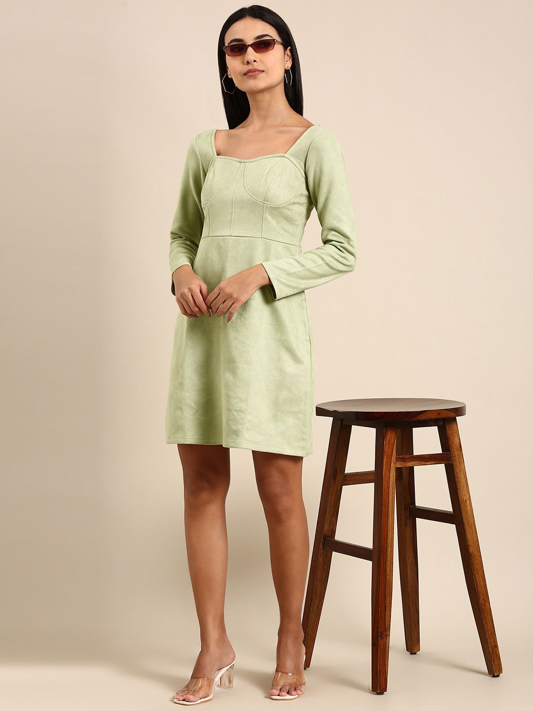 Athena Green Solid Above Knee A-Line Dress