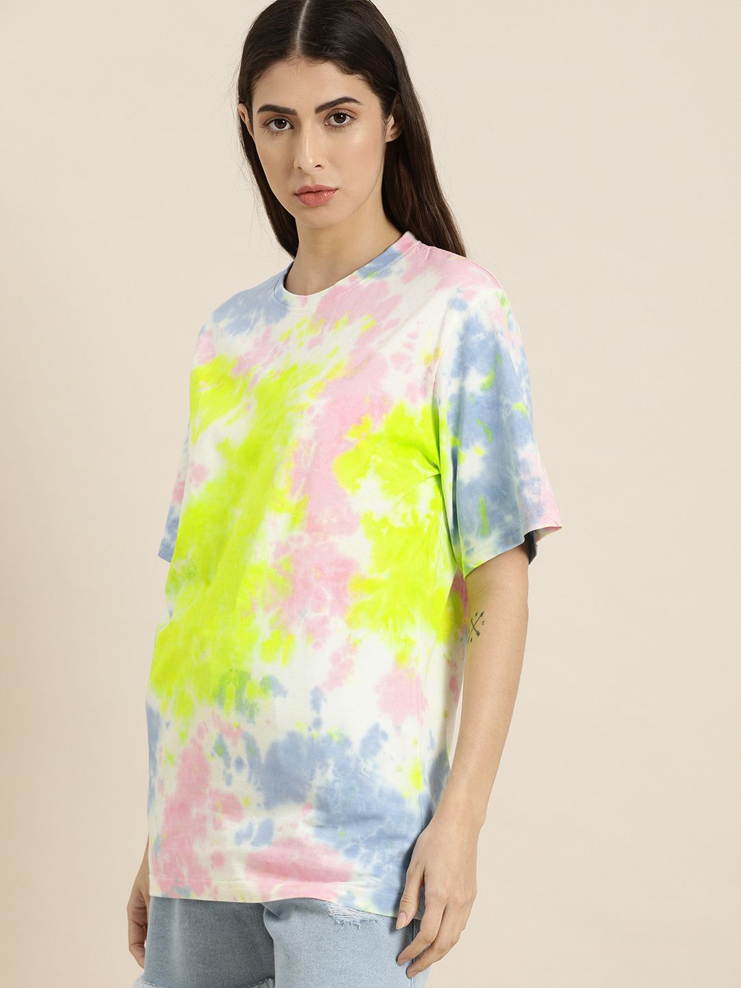 DILLINGER Women Pink Blue Dyed Drop-Shoulder Sleeves Oversized Pure Cotton T-shirt