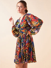 Antheaa Abstract Printed V-Neck Puff Sleeves Fit & Flare Above Knee Dress