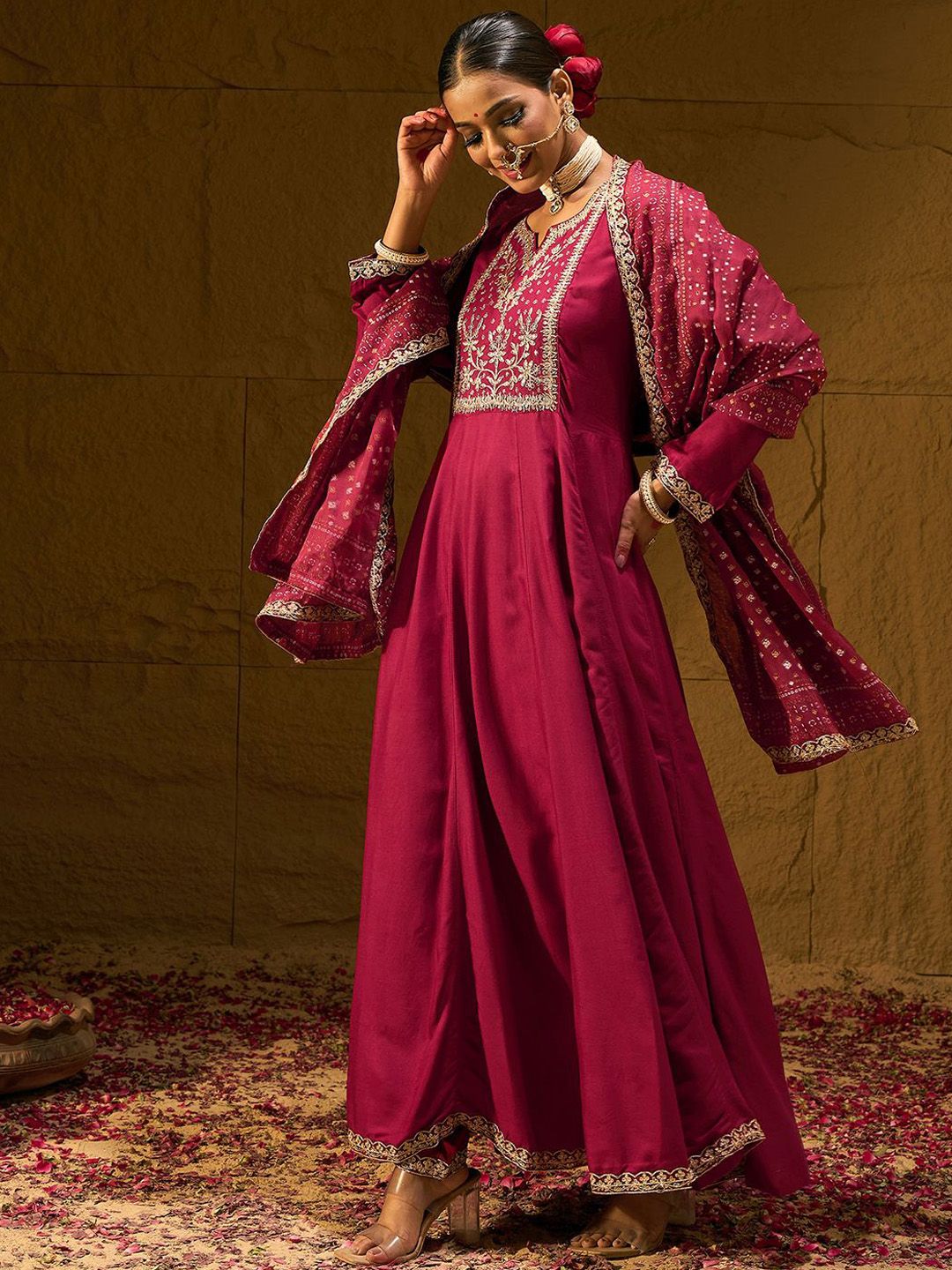 Indo Era Ethnic Motifs Embroidered Zari A-Line Kurta With Trousers & Dupatta