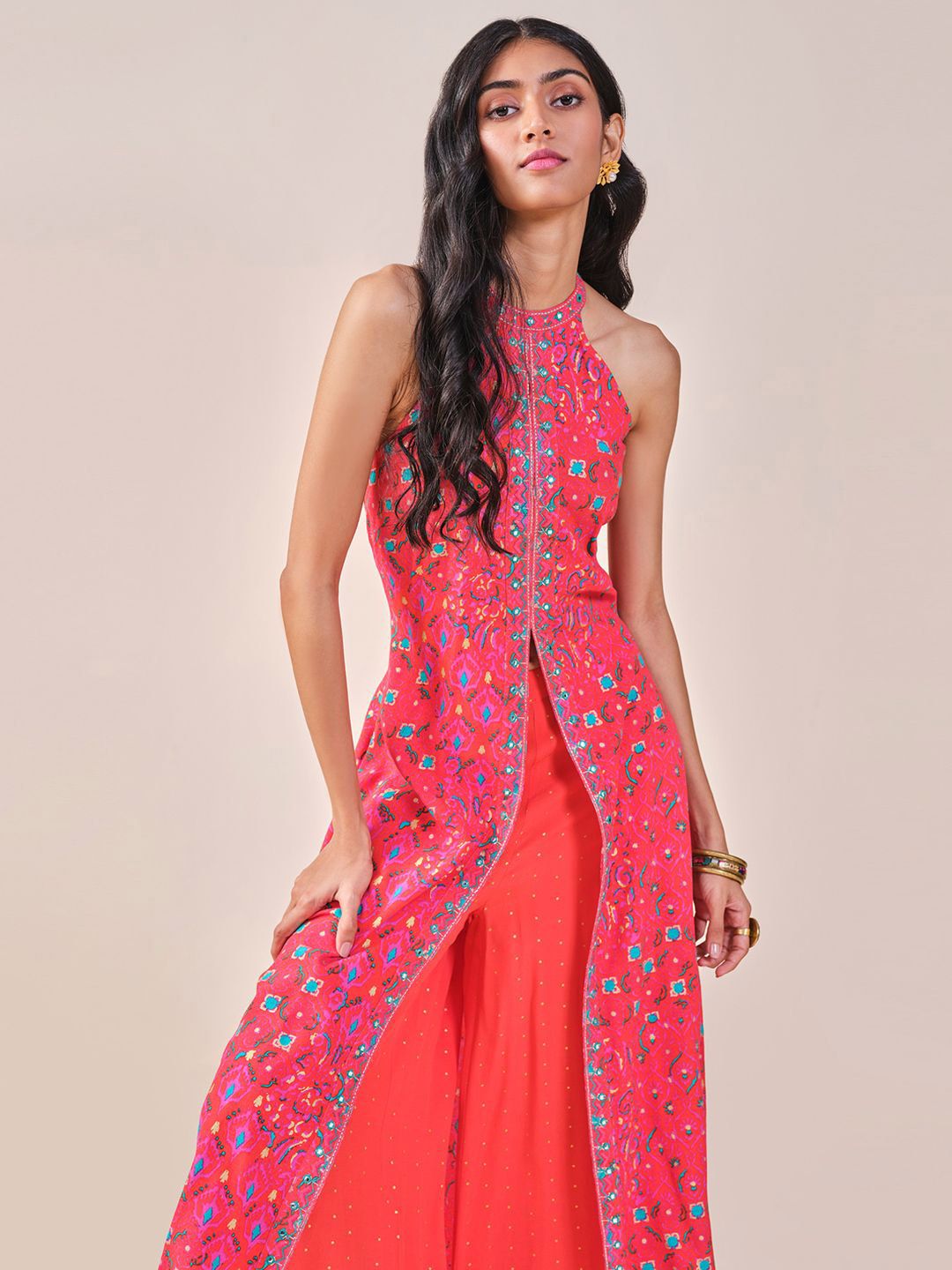 Global Desi Ethnic Motifs Printed Halter Neck Thread Work Kurta with Palazzos