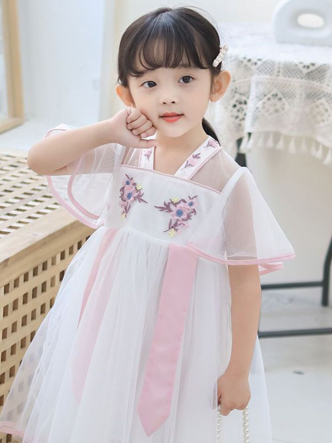 YK Girls Floral Print V-Neck Fit & Flare Dress