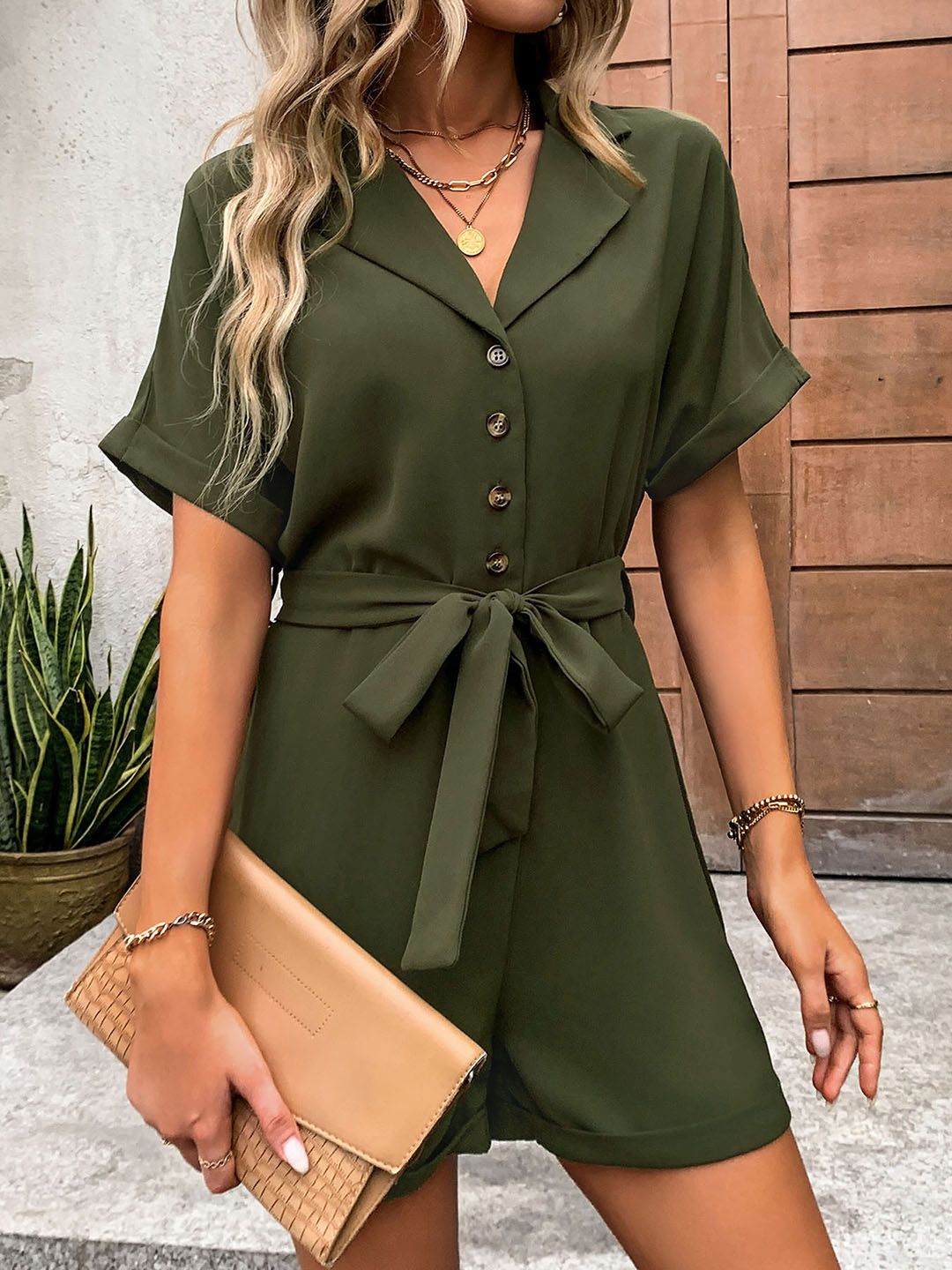 DressBerry Lapel Collar Belted Playsuit