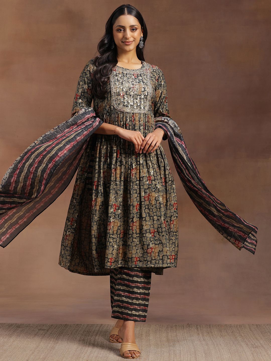 Libas Ethnic Motifs Printed Mirror Work A-Line Kurta with Trousers & Dupatta