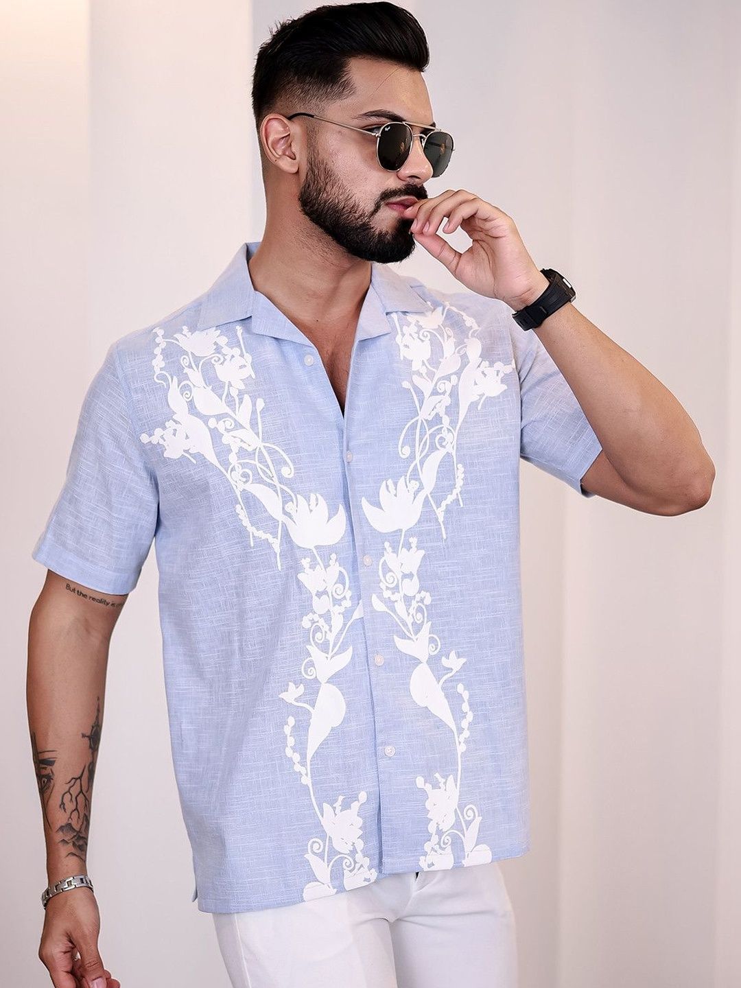 Eszett Floral Printed Lengan Pendek Spread Collar Kapas Tulen Baju Kasual Fit Biasa