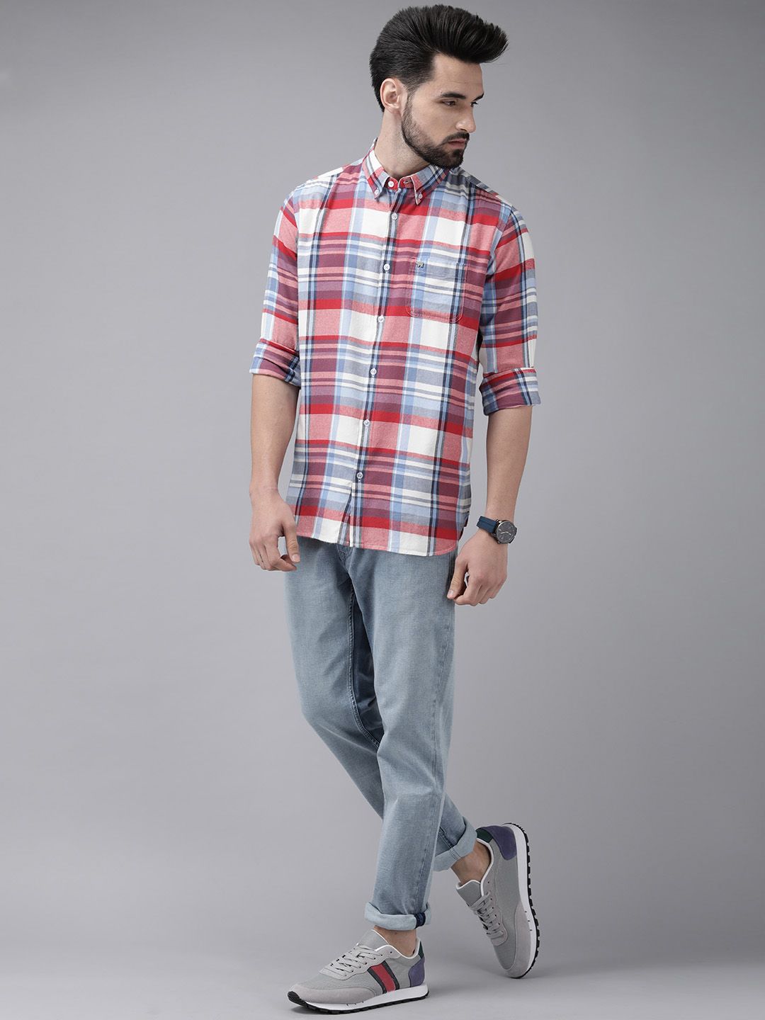 THE BEAR HOUSE Men Blue & Red Pure Cotton Slim Fit Tartan Checks Casual Shirt