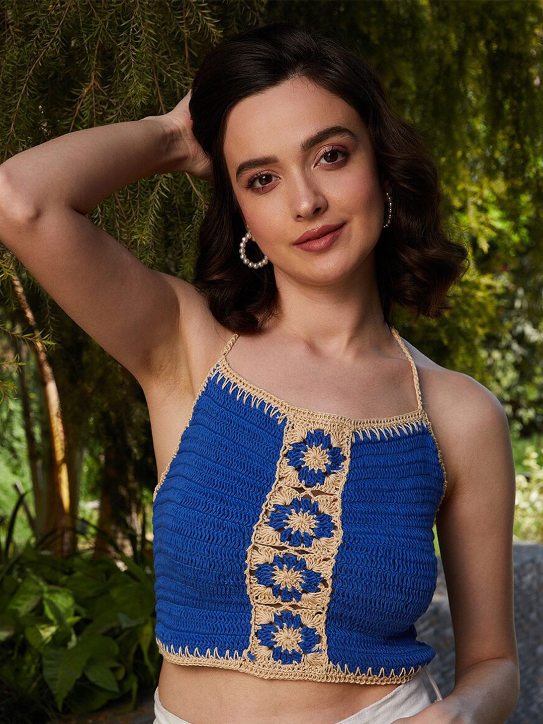 Athena Blue Self Design Halter Neck Cotton Crochet Crop Fitted Top