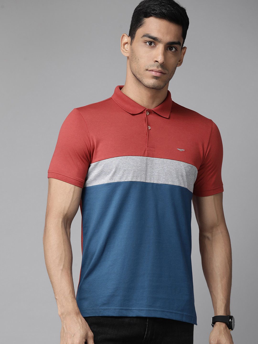 Park Avenue Men Red & Blue Colourblocked Polo Collar Slim Fit T-shirt