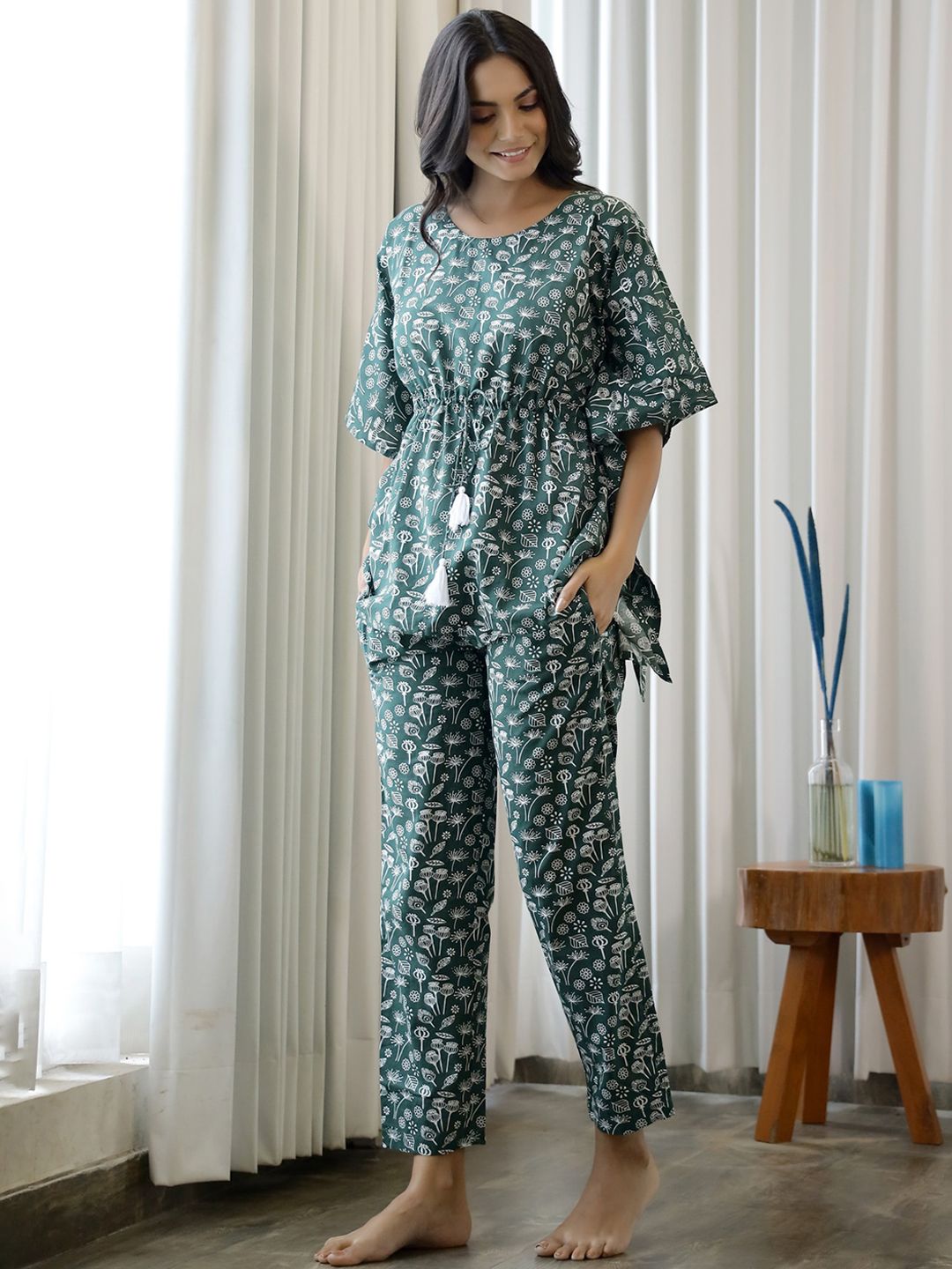 SANSKRUTIHOMES Women Olive Green & White Printed Pure Cotton Night suit