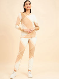 Sweet Dreams Beige & White Colourblocked Mid-Rise Tracksuits