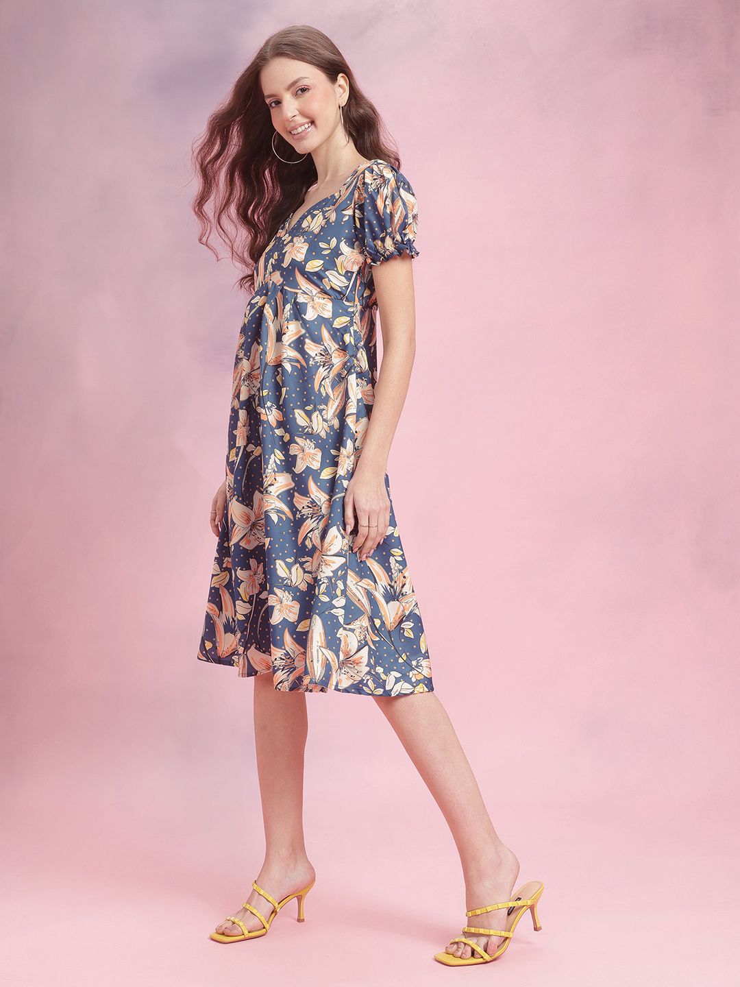 DressBerry Puff Sleeves Floral Empire Dress
