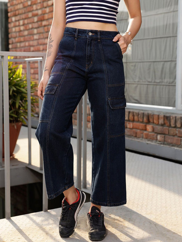 STREET 9 Women Blue Jean Wide Leg High-Rise Pure Cotton Jeans