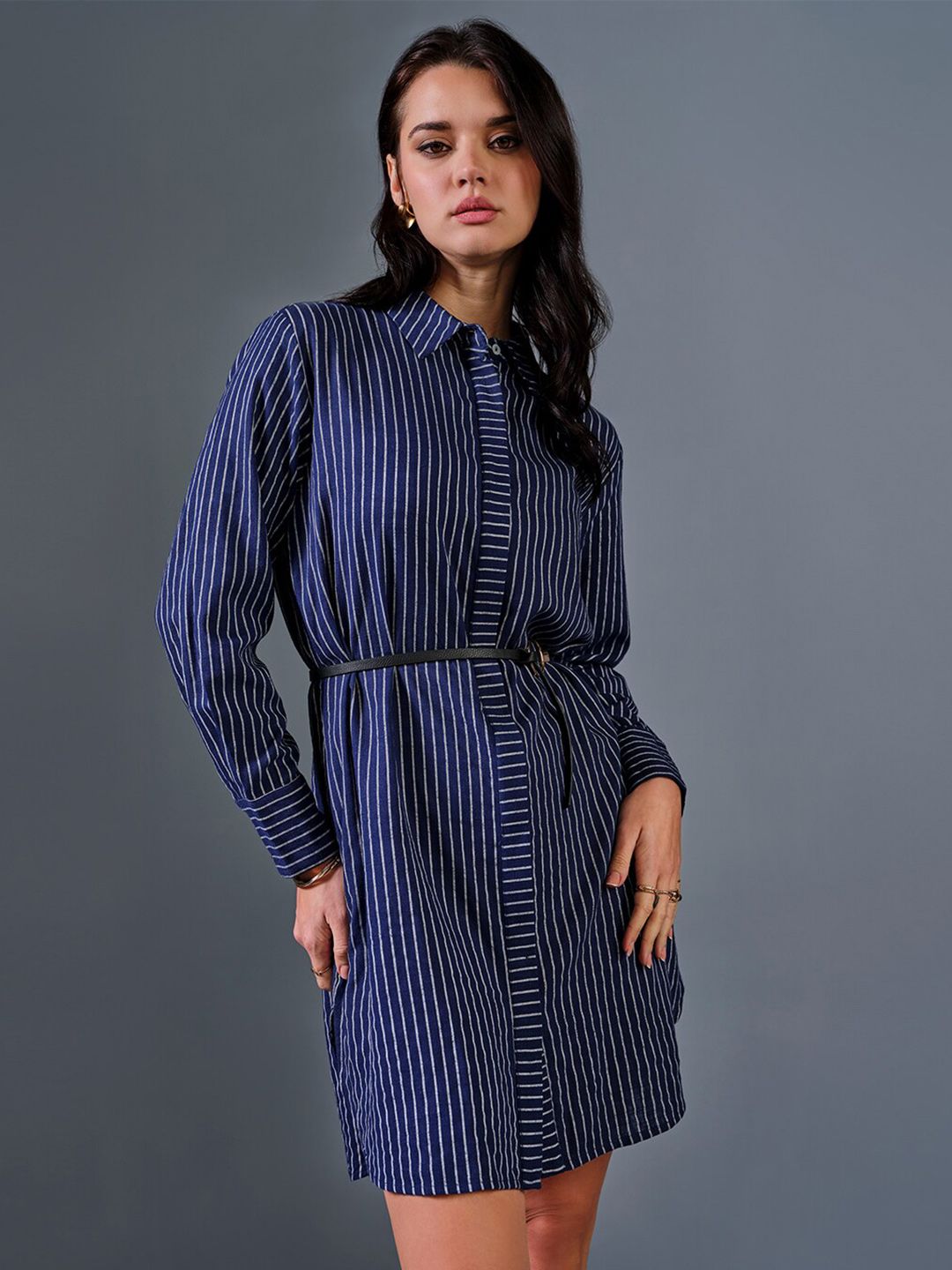 AND Striped Shirt Collar Linen Shirt Dress