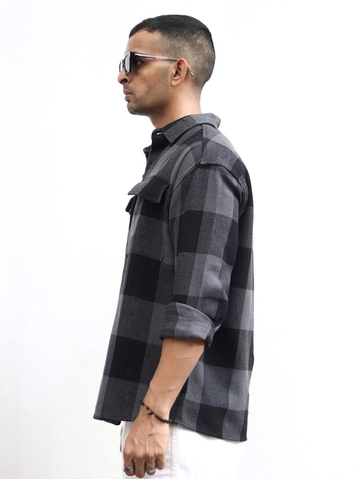 Powerlook Black India Slim Oversized Buffalo Checks Opaque Pure Cotton Casual Shacket