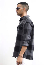 Powerlook Black India Slim Oversized Buffalo Checks Opaque Pure Cotton Casual Shacket