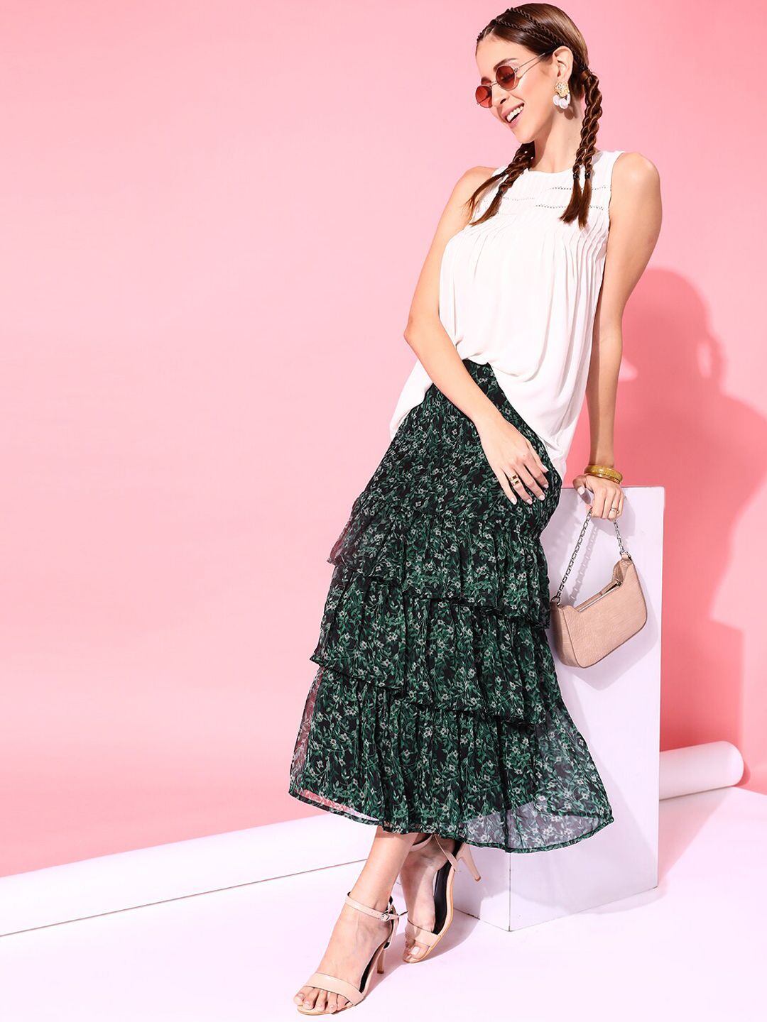 STREET 9 Women Green Printed Maxi Flared Skirt