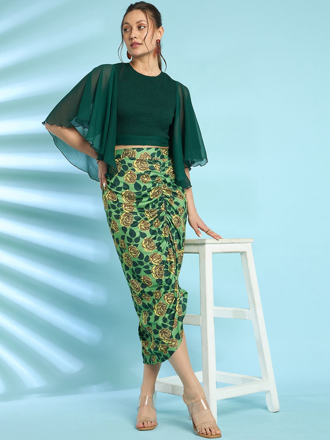 Antheaa Green Flared Sleeves Smocked Crop Top With Skirt