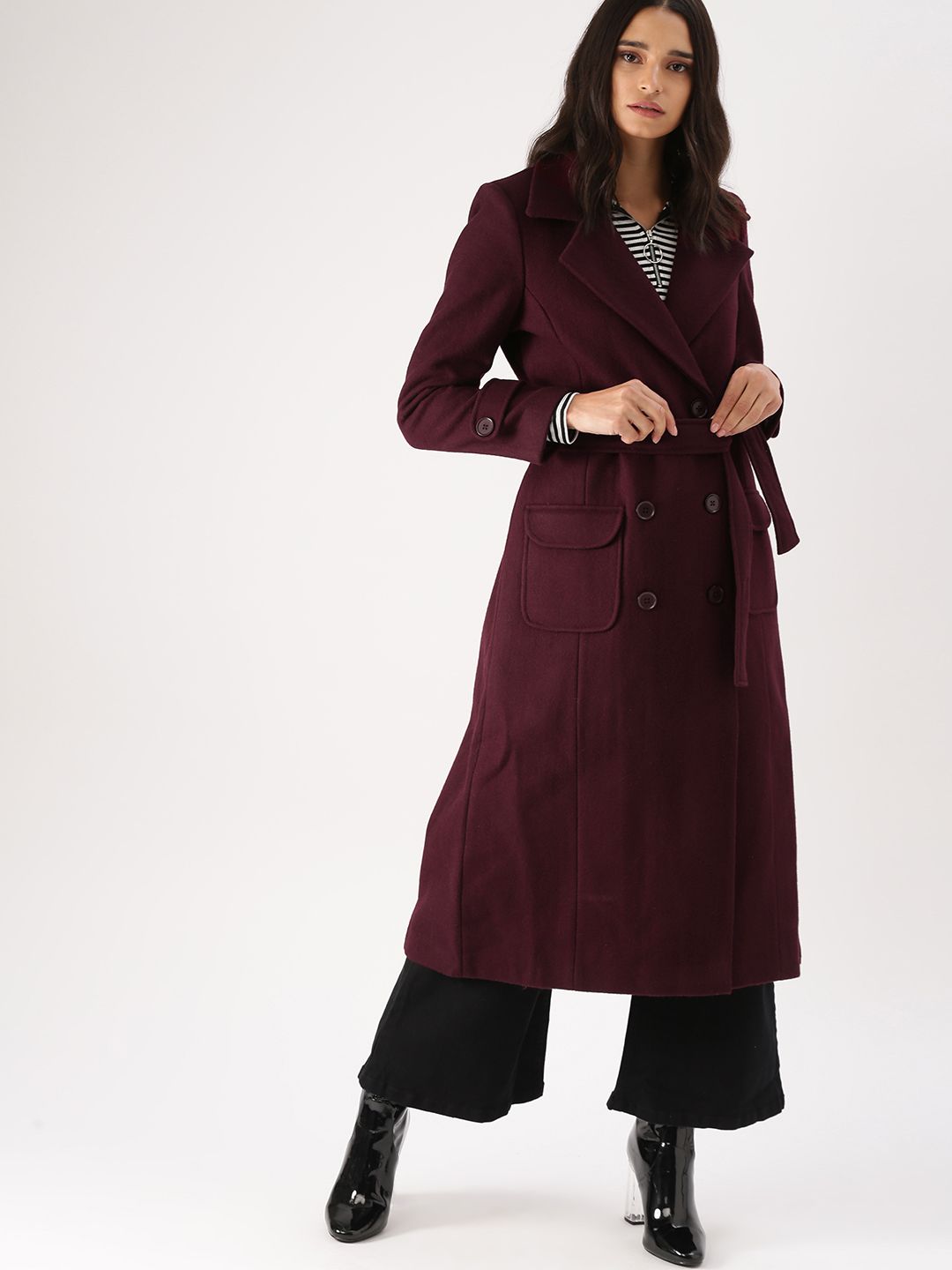 DressBerry Women Wine Red Trench Coat