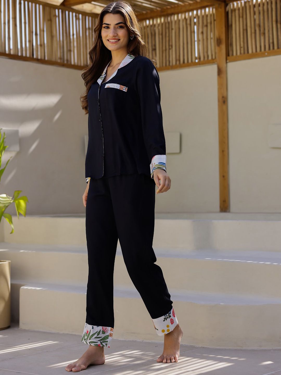 SANSKRUTIHOMES Long Sleeves Lapel Collar Night suit