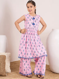 pspeaches Girls Ethnic Motifs Printed Pleated A-Line Pure Cotton Kurta with Palazzo