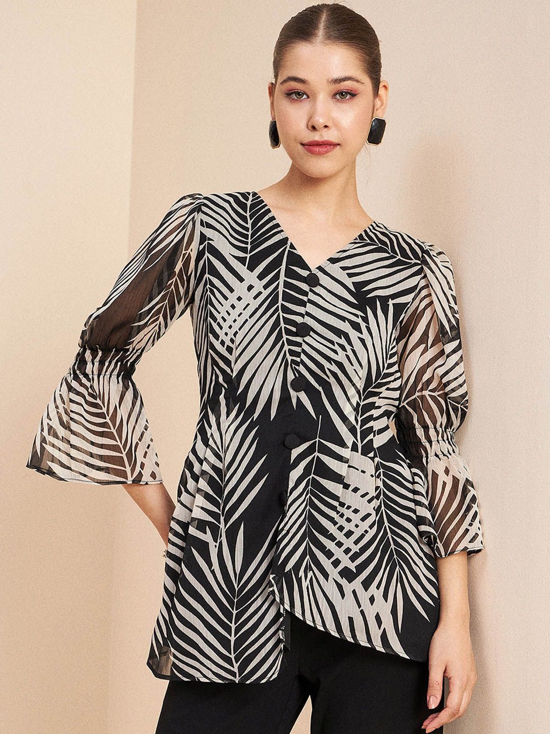 Antheaa Black Conversational Printed V-Neck Puff Sleeve Co-Ords