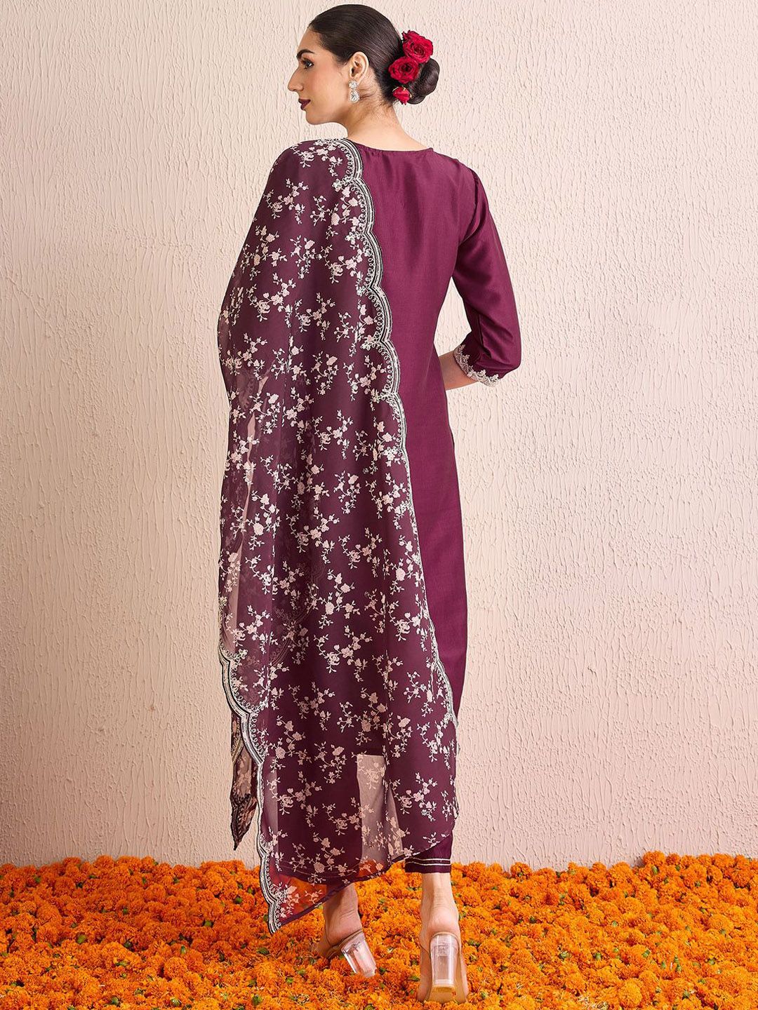 Indo Era Women Floral Embroidered Regular Kurta with Trousers & With Dupatta