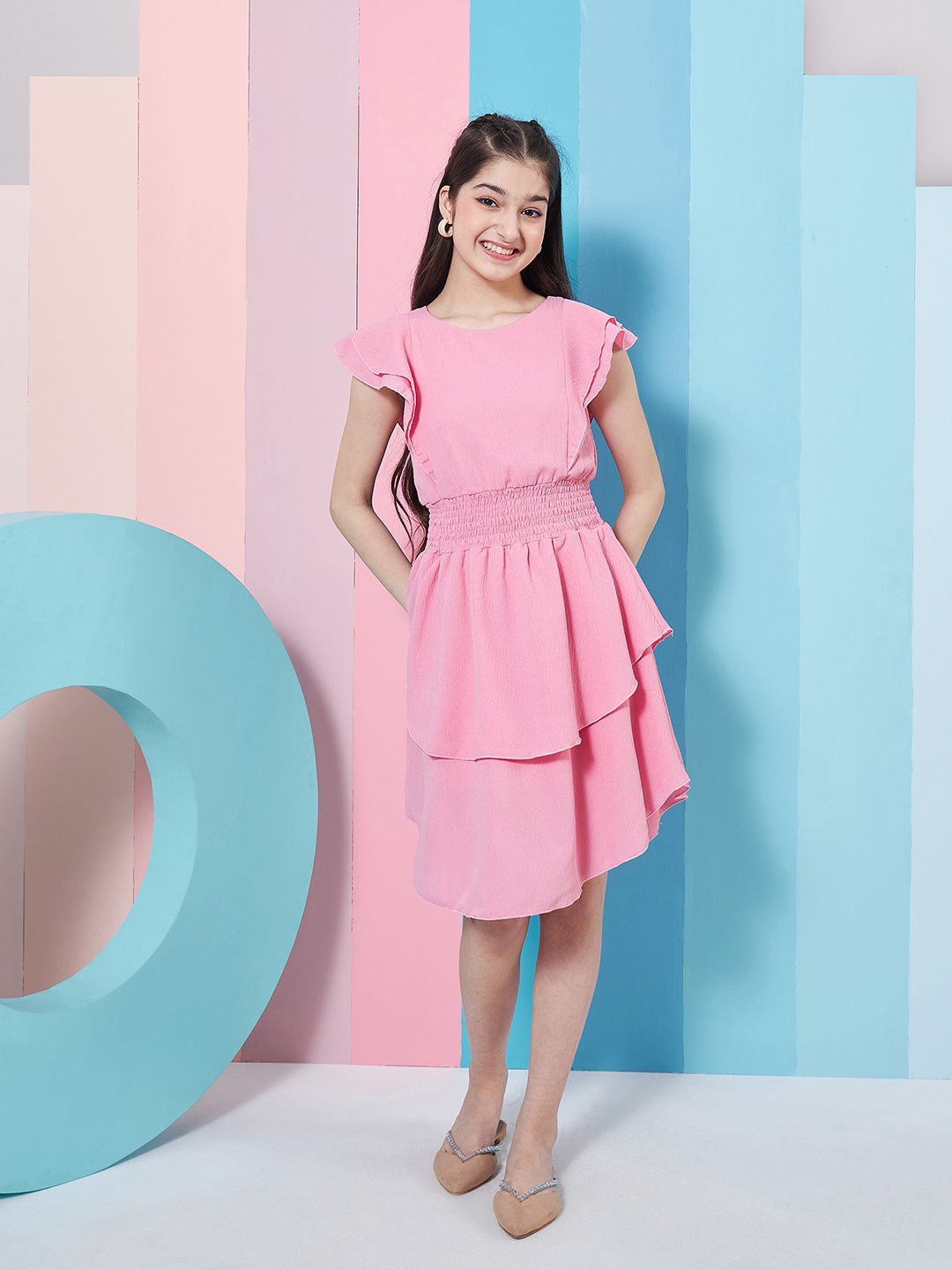 pspeaches Girls Flutter Sleeve Layered Crepe Fit & Flare Dress