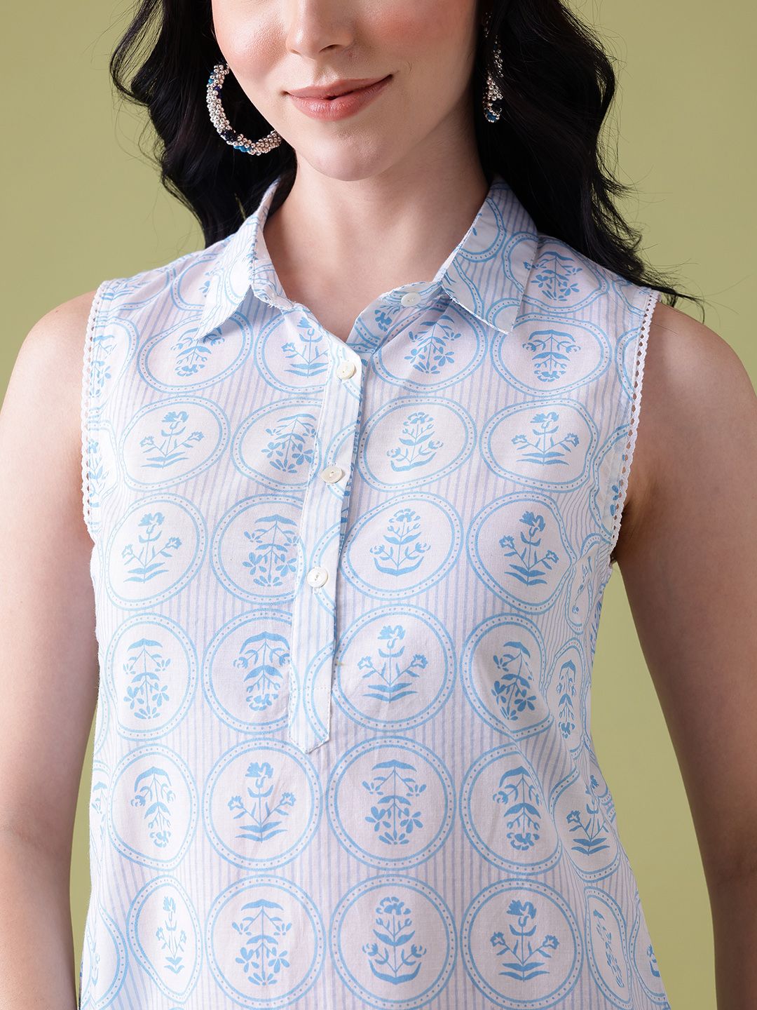 Anouk Floral Printed Pure Cotton Lace Insert Detail Calf-Length Straight Kurta