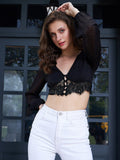Berrylush V-Neck Bishop Sleeves Lace Inserts Bralette Crop Top