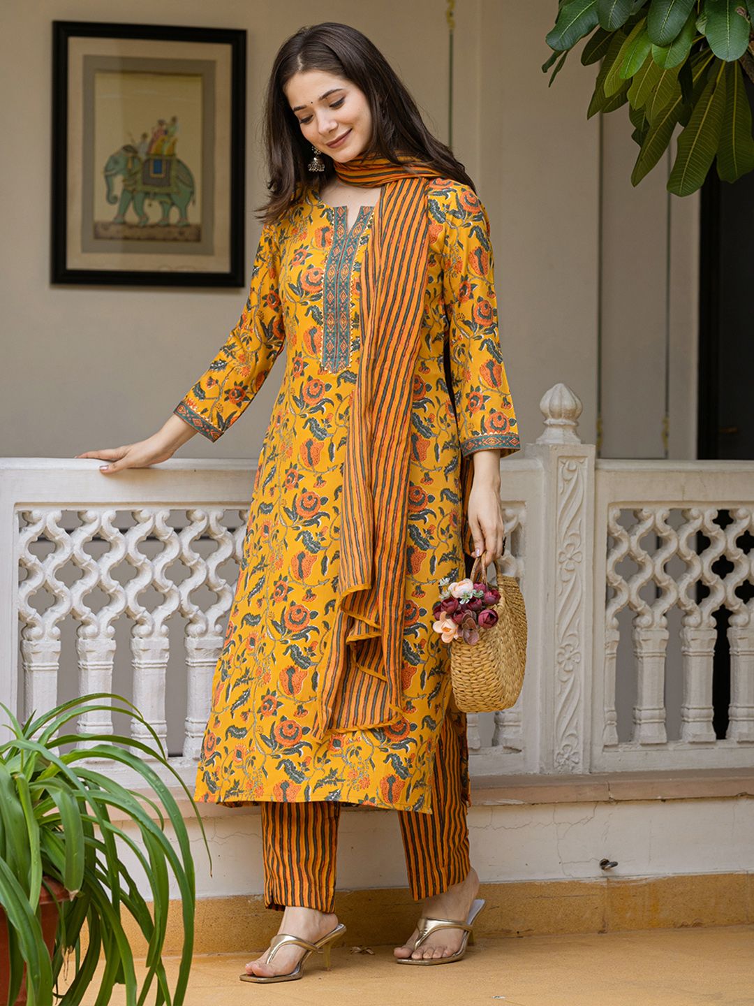 KALINI Floral Printed Regular Cotton Blend Kurta with Trousers With Dupatta