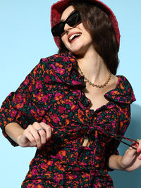 Berrylush Women Elegant Black Floral Pattern Play Dress