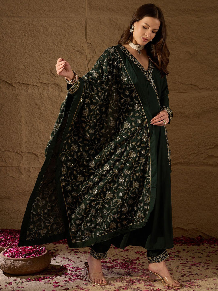 KALINI Floral Embroidered V-Neck Angrakha Kurta with Trousers & Dupatta