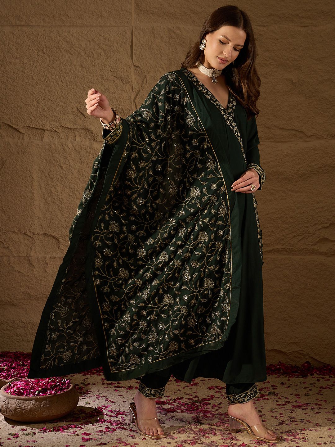 KALINI Floral Embroidered V-Neck Angrakha Kurta with Trousers & Dupatta