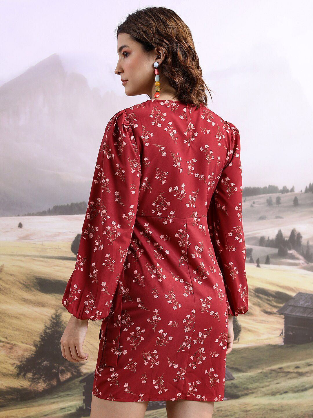 Tokyo Talkies Maroon & White Floral Printed Puff Sleeve Sheath Dress