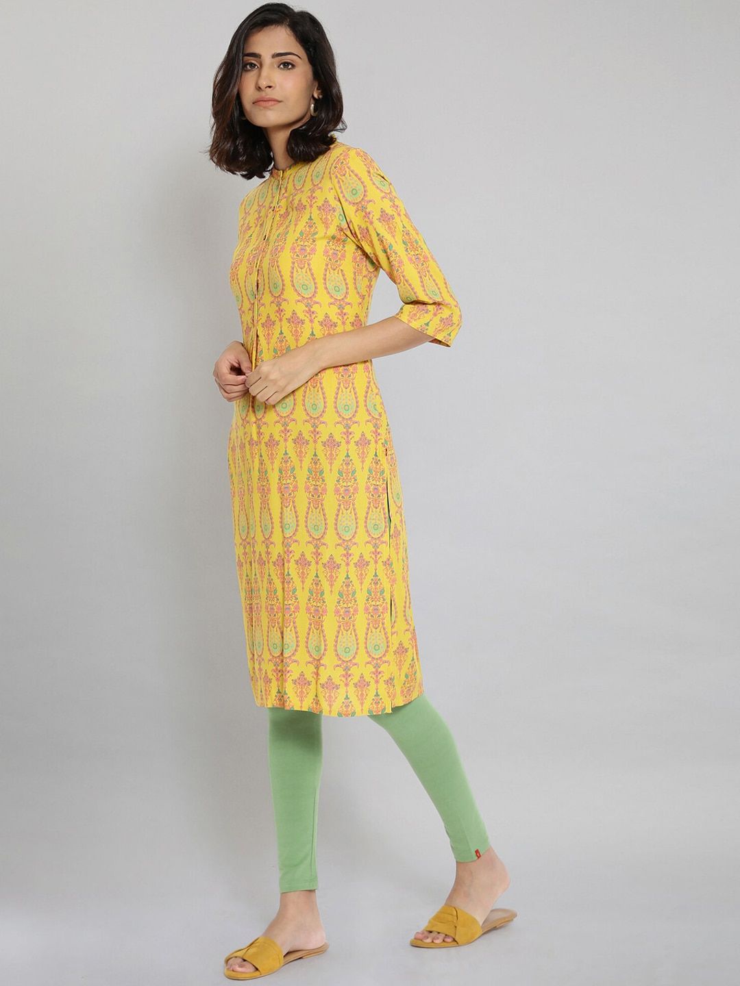 W Women Yellow Thread Work Kurta