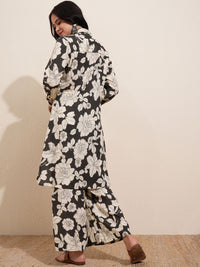Vishudh Black Floral Printed Pure Cotton Longline Shirt With Palazzos