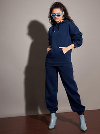 SASSAFRAS Women Navy Blue Relaxed Fit Mid-Rise Fleece Joggers