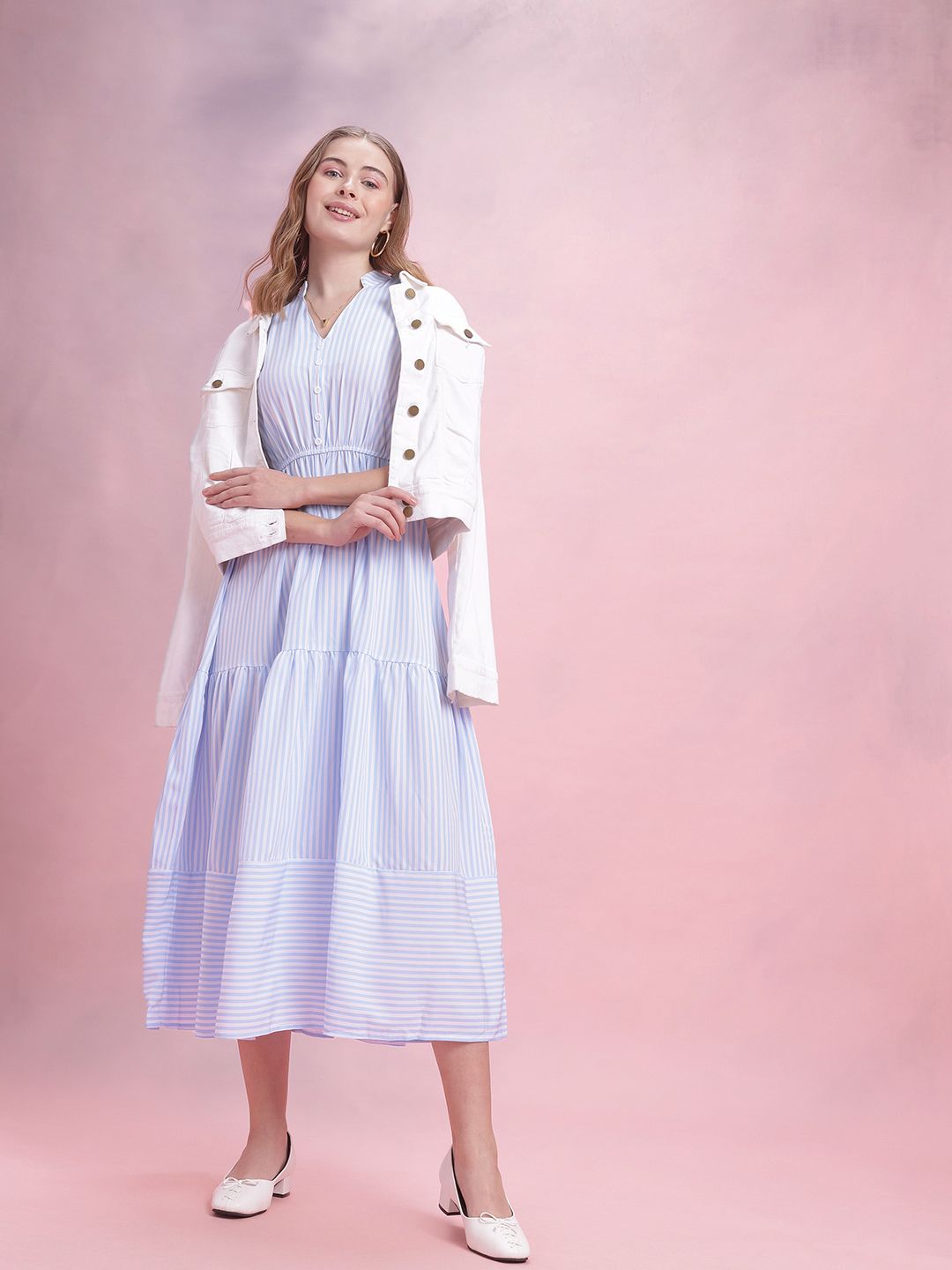 DressBerry Striped Tiered Midi A-Line Dress