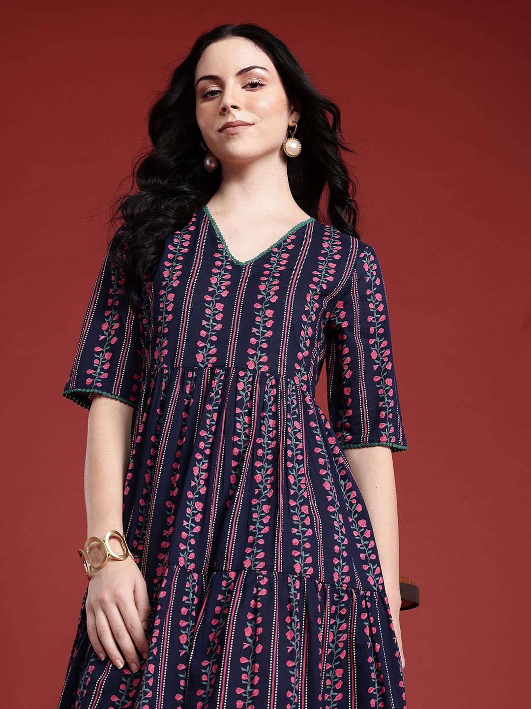 Anouk Floral Print Pleated Pure Cotton Tiered Ethnic Dress