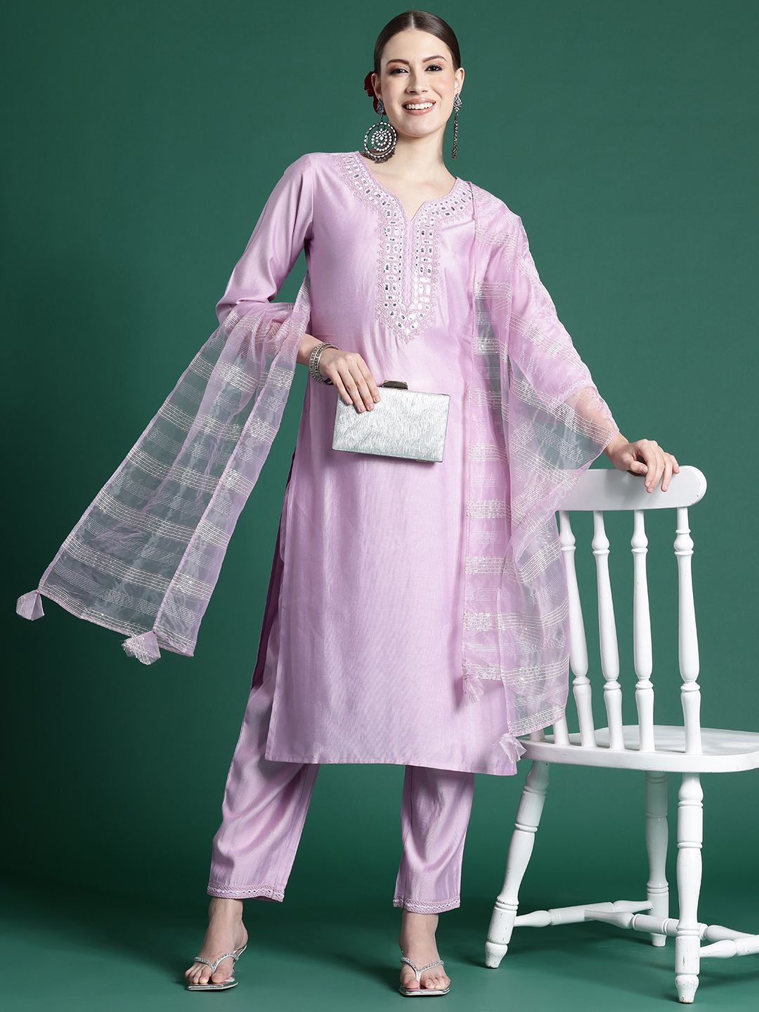 Indo Era Yoke Design Mirror Work Liva Kurta With Trousers & Dupatta