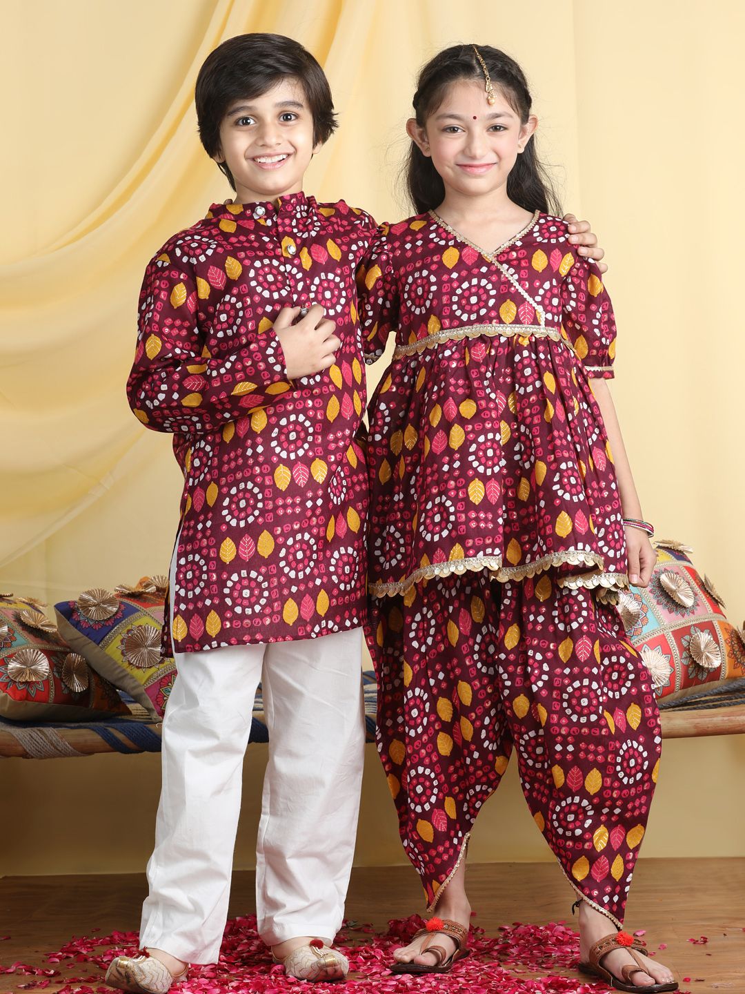 Cutiekins Girls Bandhani Printed Angrakha Gotta Patti Kurta with Dhoti Pants