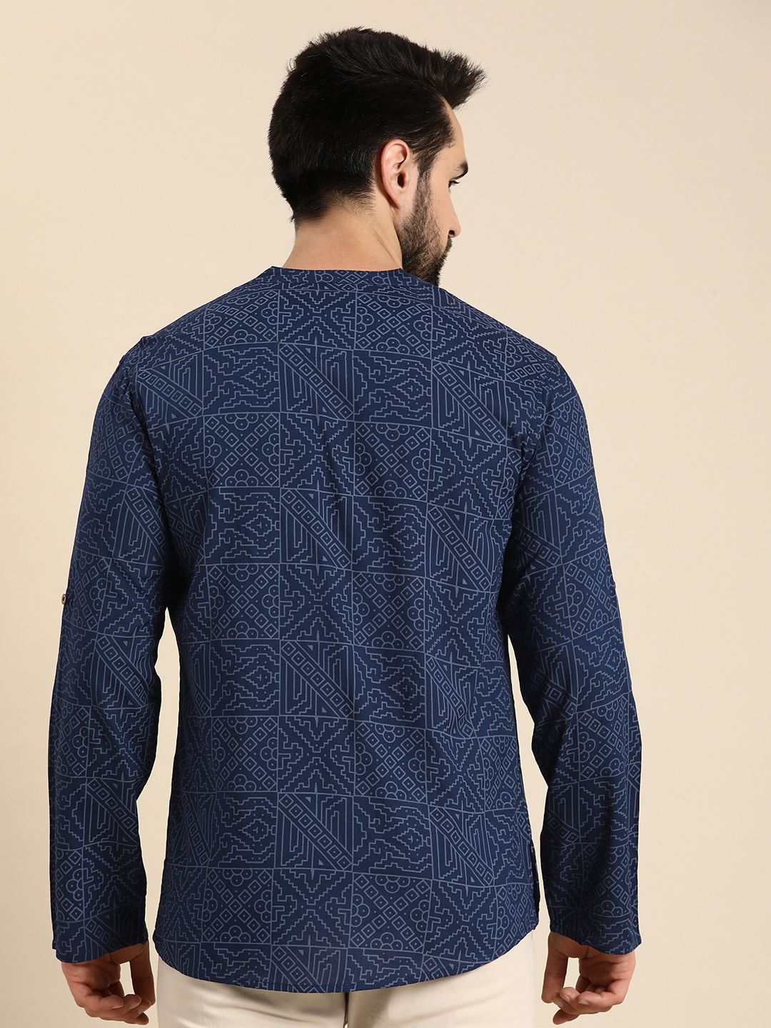 Anouk Men Geometric Printed Cotton Indigo Short Kurta