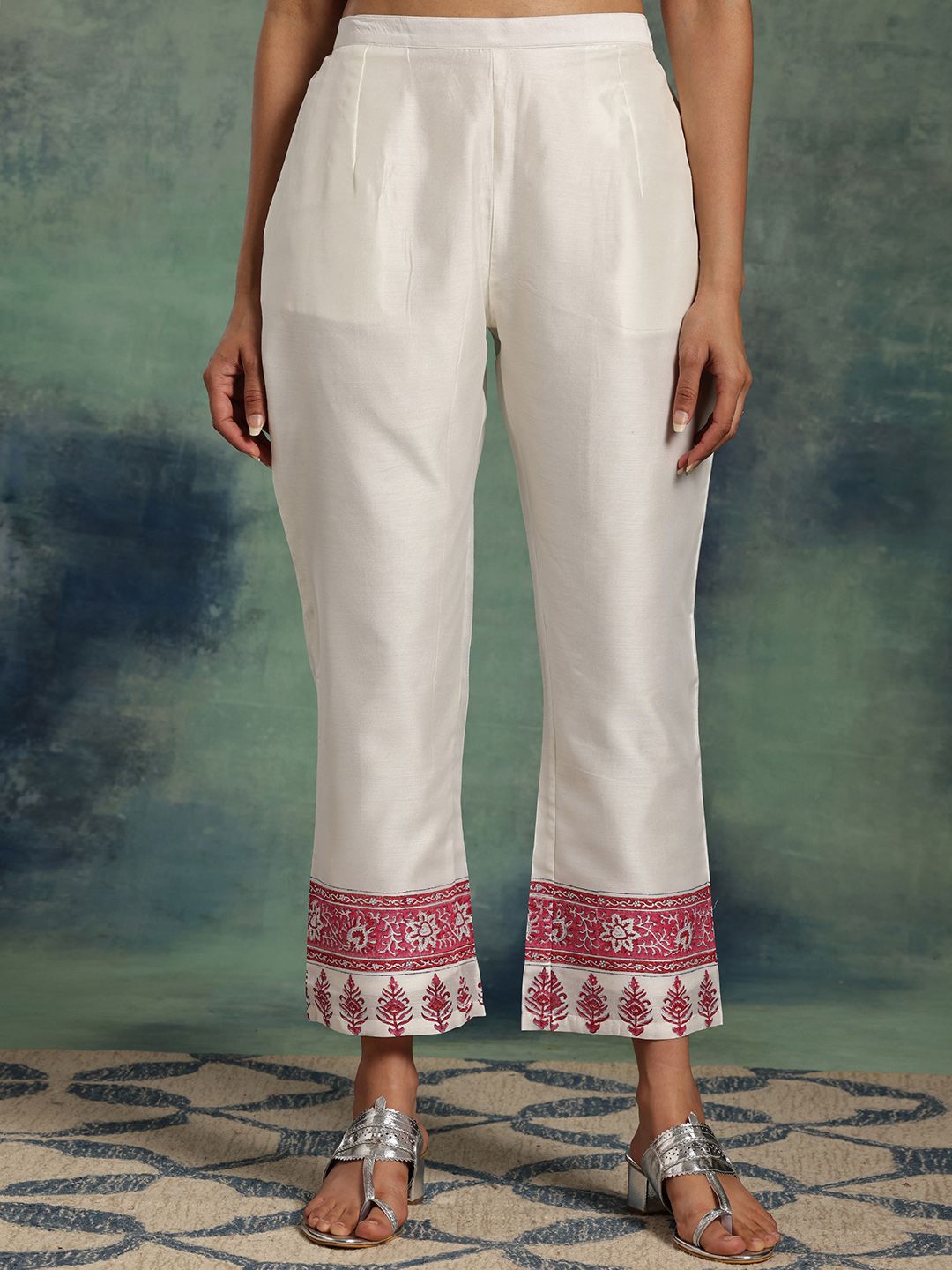 Libas White Floral Printed Gotta Patti Straight Kurta With Trousers & Dupatta