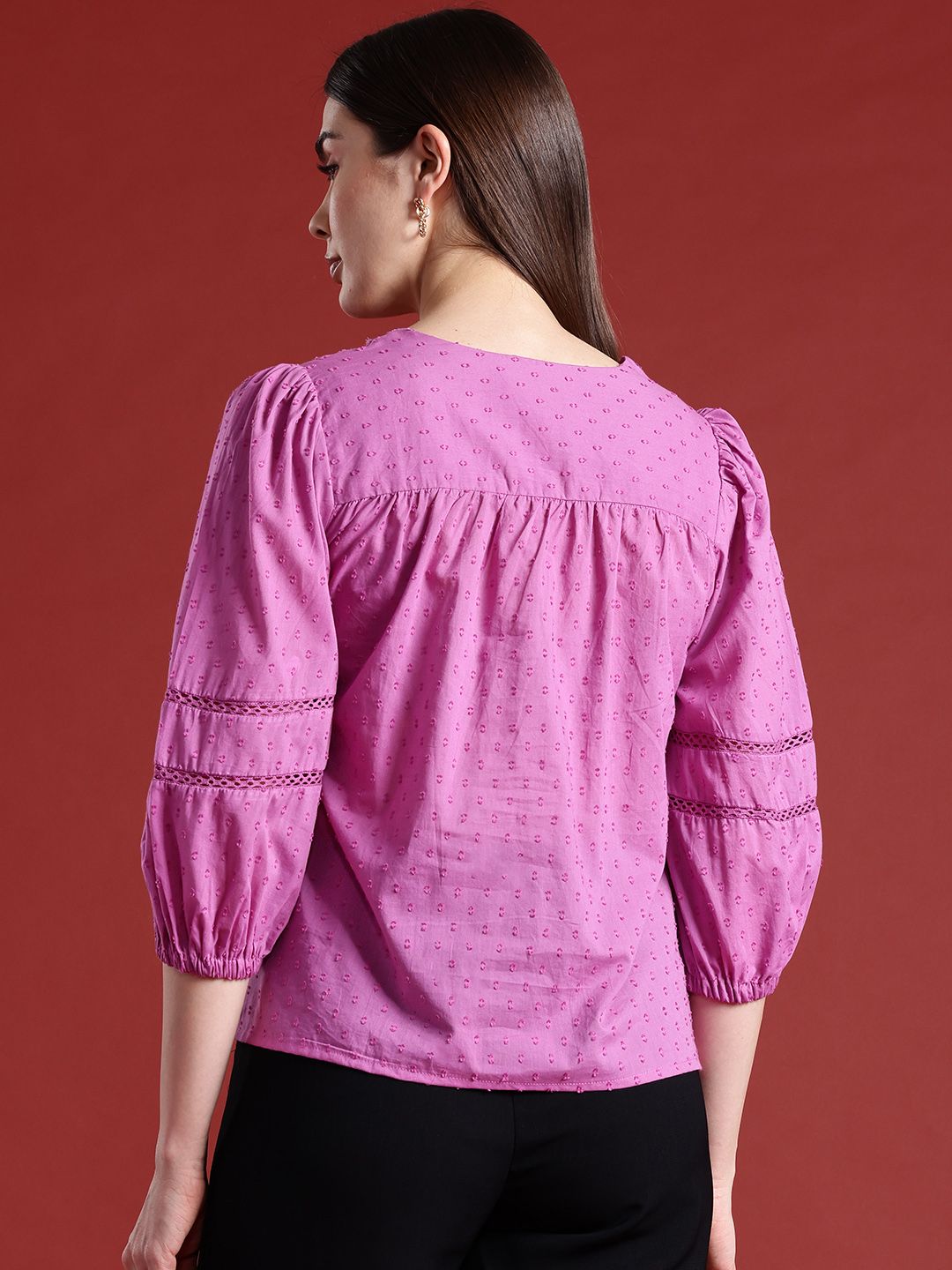 all about you Lace Detailed Puff Sleeves Pure Cotton A-Line Top