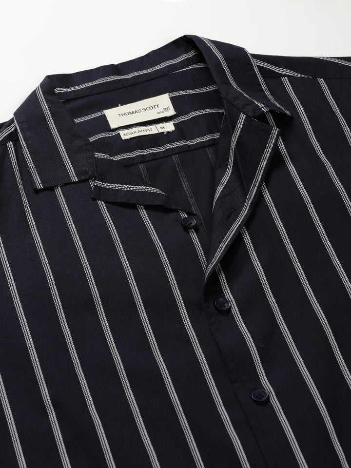 Thomas Scott Classic Vertical Stripes Cuban Collar Cotton Casual Shirt