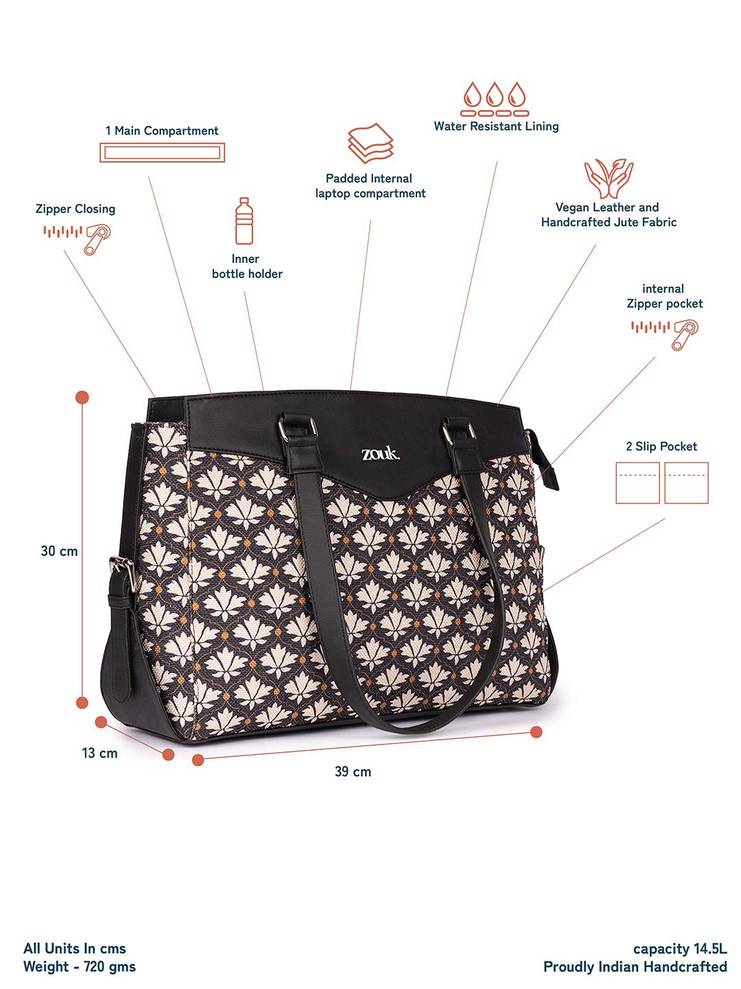 ZOUK Ethnic Motifs Printed Structured Jute Shoulder Bag