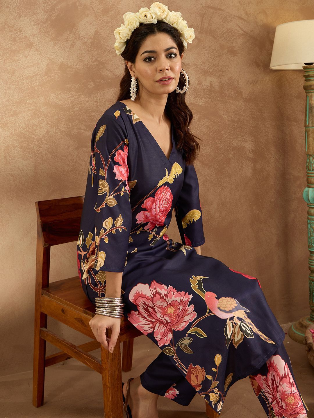 Indo Era Women Floral Printed Regular Kurta with Trousers